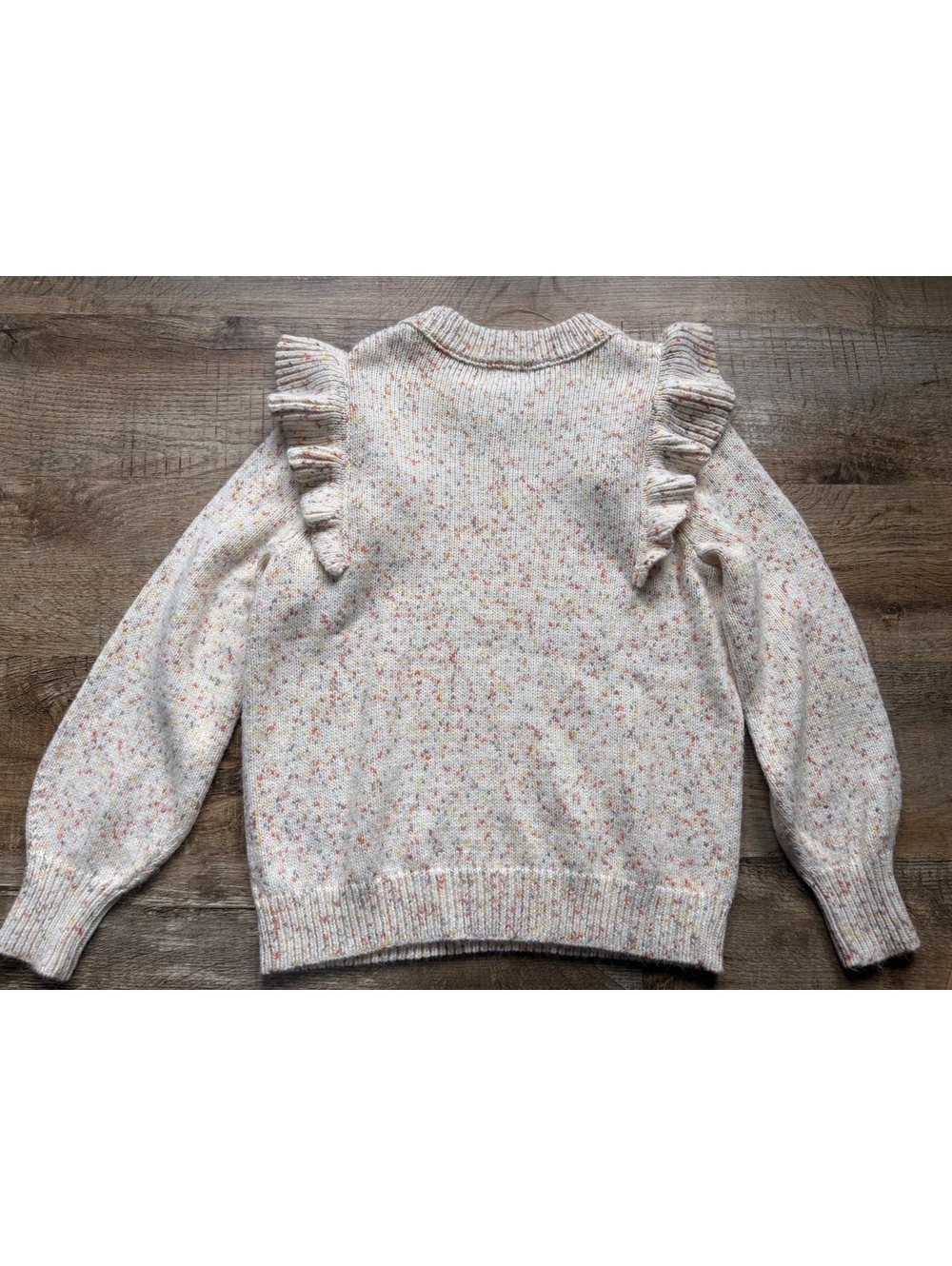 Women's Large Speckled Knit Sweater with Ruffle Shoulder Detail - Picture 4 of 6